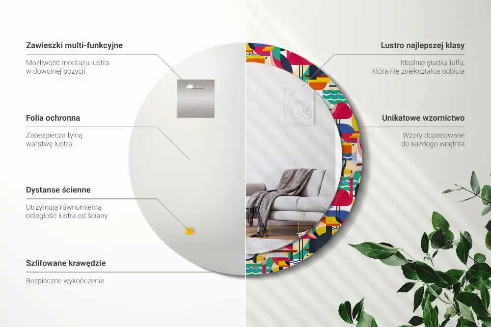 Lustro z drukowaną ramką okrągłe tropikalne ptaki w geometrii