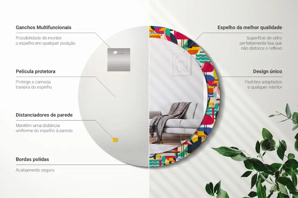 Lustro z drukowaną ramką okrągłe tropikalne ptaki w geometrii