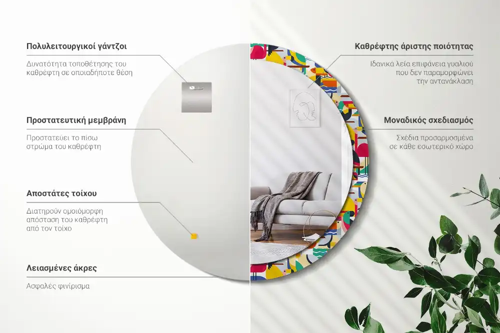 Lustro z drukowaną ramką okrągłe tropikalne ptaki w geometrii