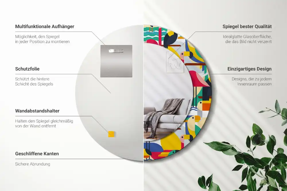 Lustro z drukowaną ramką okrągłe tropikalne ptaki w geometrii