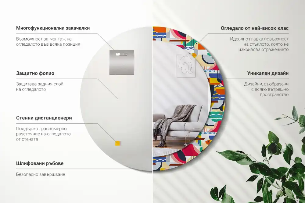 Lustro z drukowaną ramką okrągłe tropikalne ptaki w geometrii