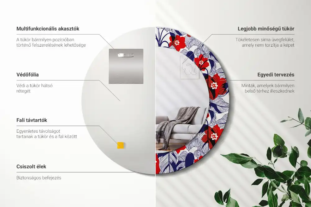 Lustro z drukowaną ramką okrągłe roślina filodendron