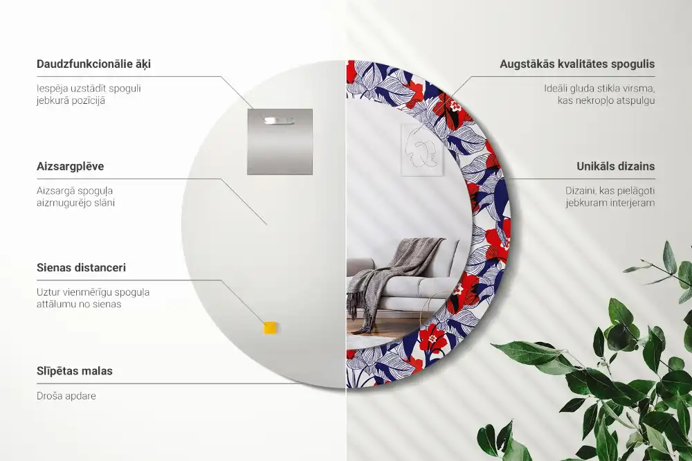 Lustro z drukowaną ramką okrągłe roślina filodendron