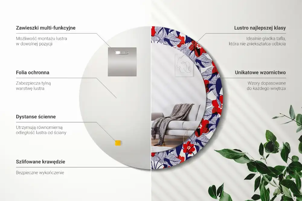 Lustro z drukowaną ramką okrągłe roślina filodendron