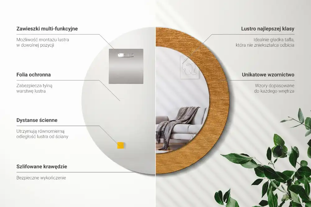 Lustro z drukowaną ramką okrągłe styl loft vintage