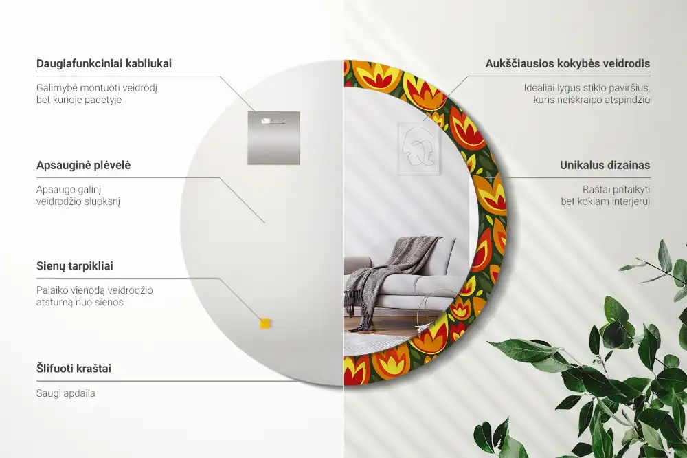 Lustro z nadrukiem dekoracyjne okrągłe retro tulipany