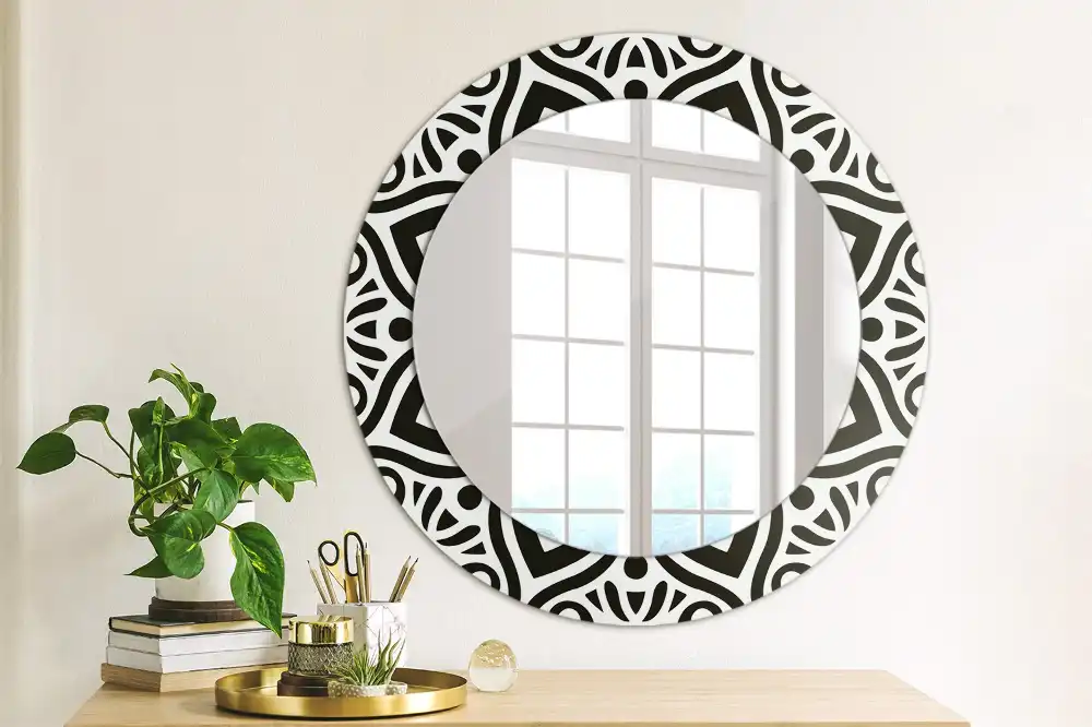 Lustro z drukowaną ramką okrągłe ornament czarny