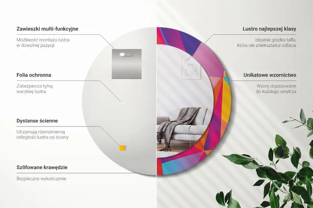 Lustro z drukowaną ramką okrągłe geometryczna kompozycja