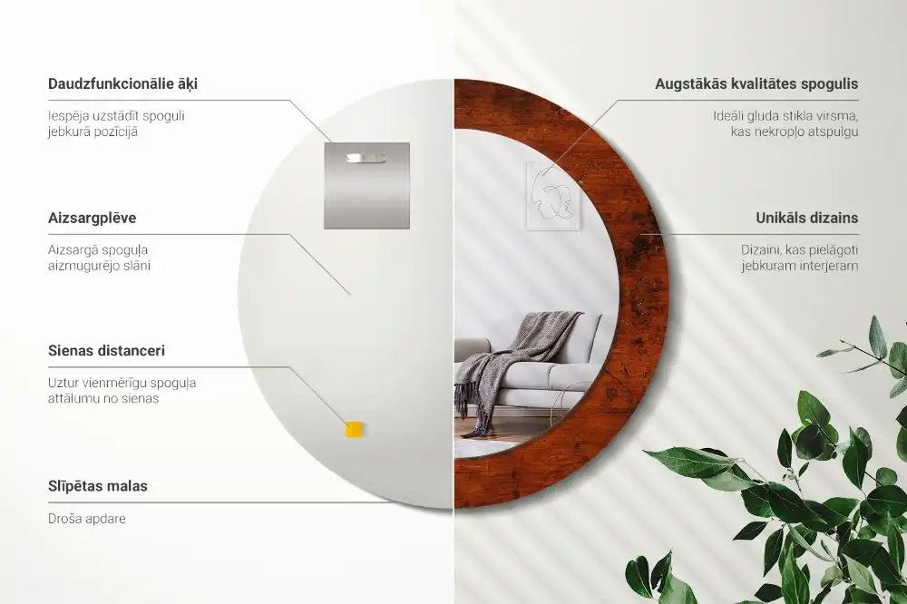 Lustro z nadrukiem okrągłe drewno naturalne