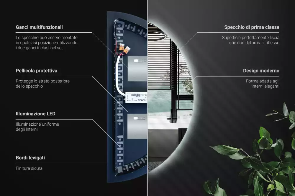 Lustro półkole LED dekoracyjne na ścianę