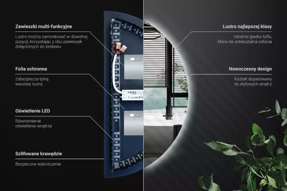 Lustro półkole LED dekoracyjne na ścianę