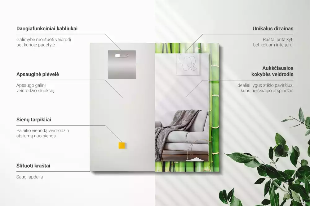 Lustro ramka z nadrukiem prostokątne zielone łodygi bambusowe