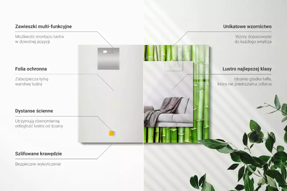 Lustro ramka z nadrukiem prostokątne zielone łodygi bambusowe
