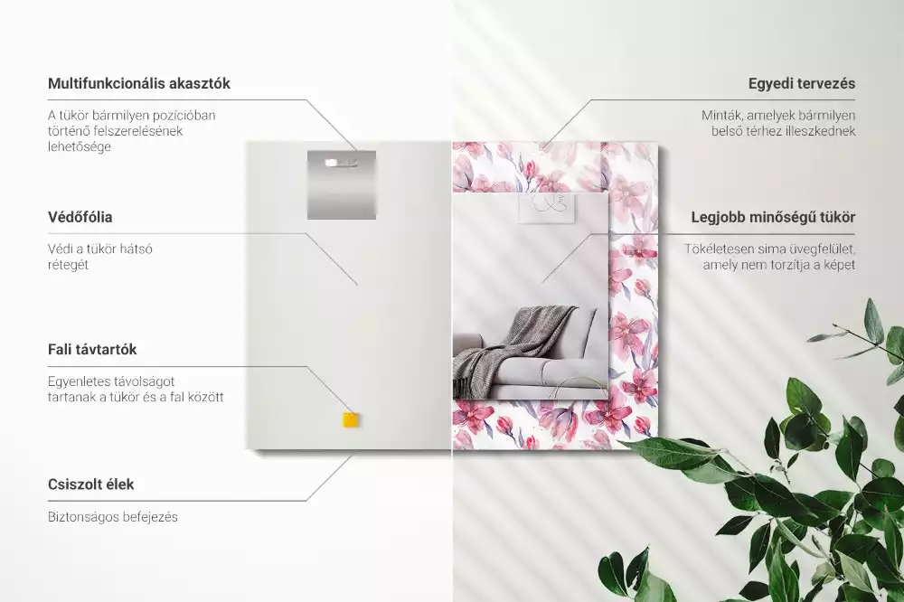 Lustro z nadrukiem prostokątne kwiaty akwarelowy deseń