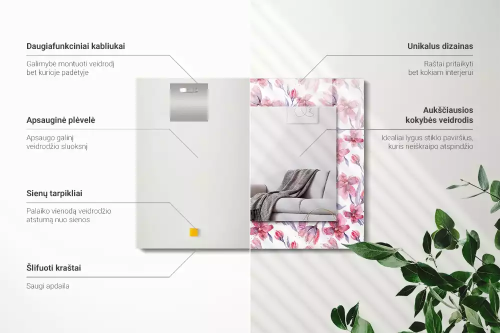Lustro z nadrukiem prostokątne kwiaty akwarelowy deseń