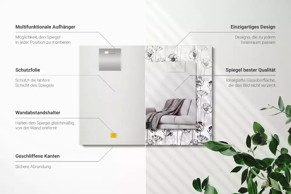 Lustro z nadrukiem dekoracyjne prostokątne kwiaty deseń jednokolorowy