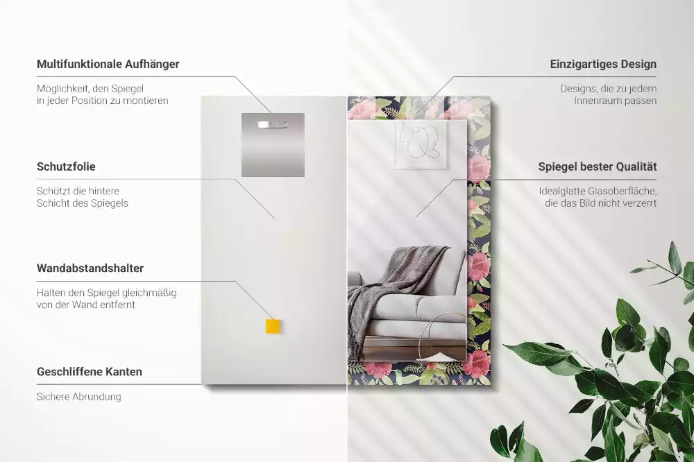 Lustro dekoracyjne prostokątne kwiaty z ptakami