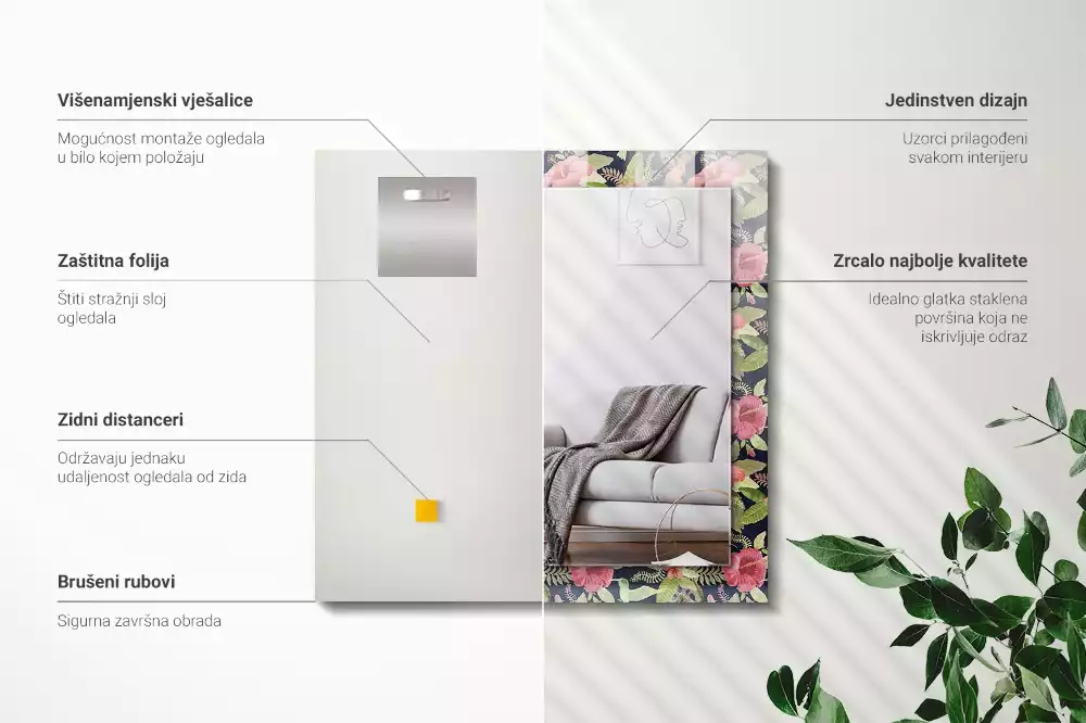 Lustro dekoracyjne prostokątne kwiaty z ptakami
