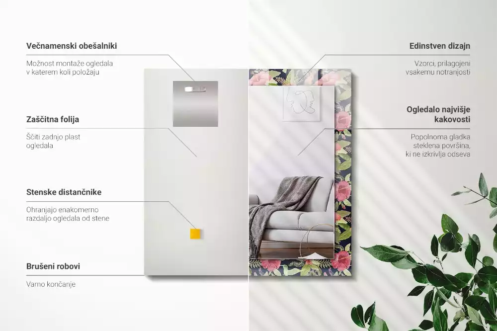Lustro dekoracyjne prostokątne kwiaty z ptakami
