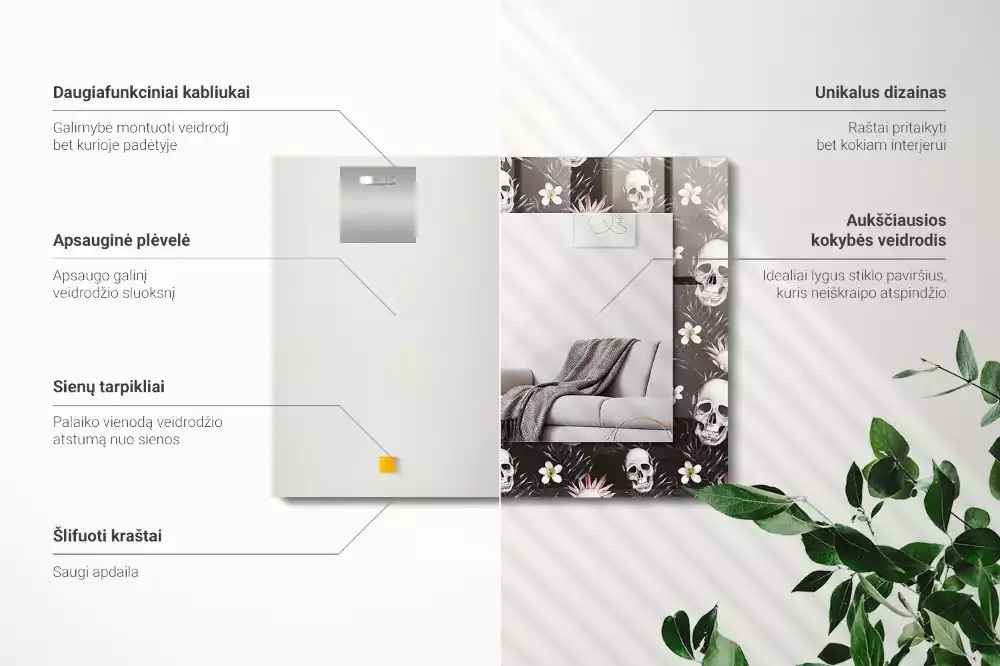 Lustro z nadrukiem prostokątne czaszki z kwiatami