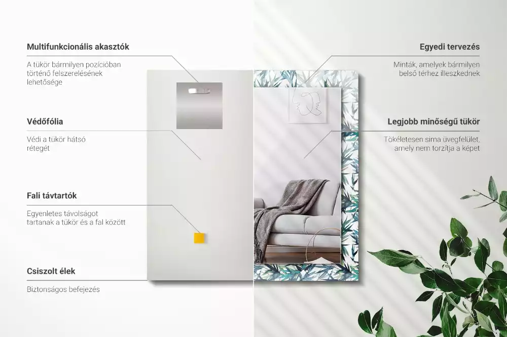 Lustro z nadrukiem prostokątne akwarelowe liście bambusowe