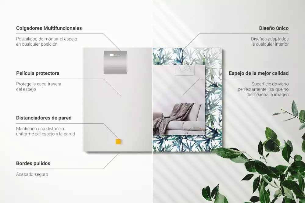 Lustro z nadrukiem prostokątne akwarelowe liście bambusowe