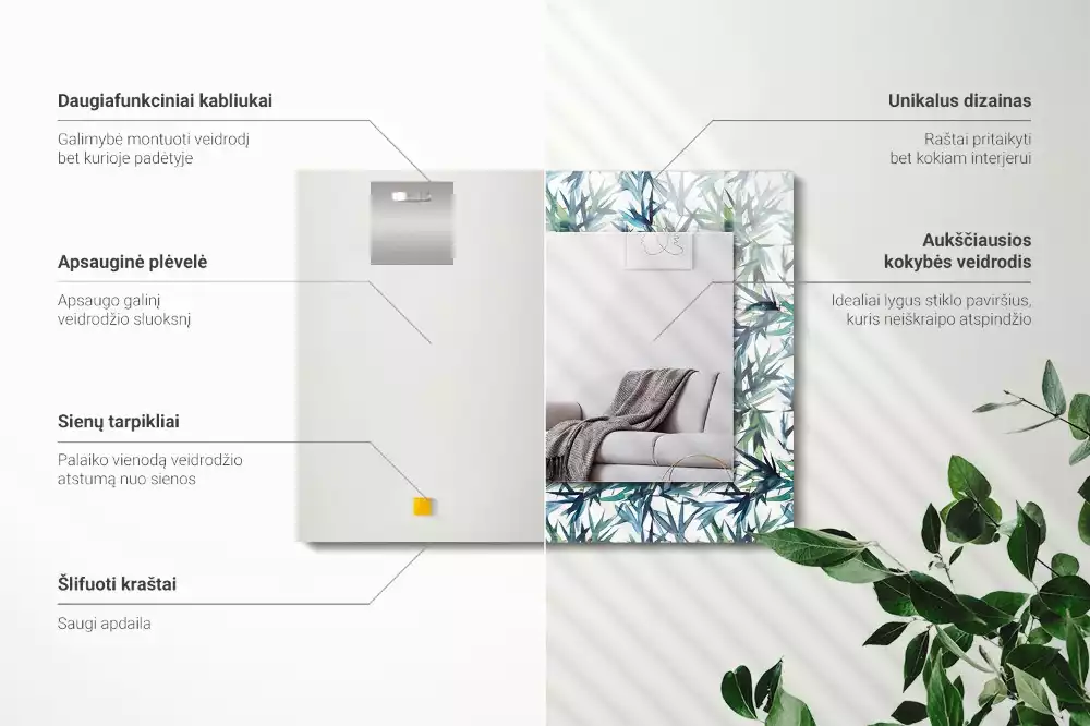 Lustro z nadrukiem prostokątne akwarelowe liście bambusowe