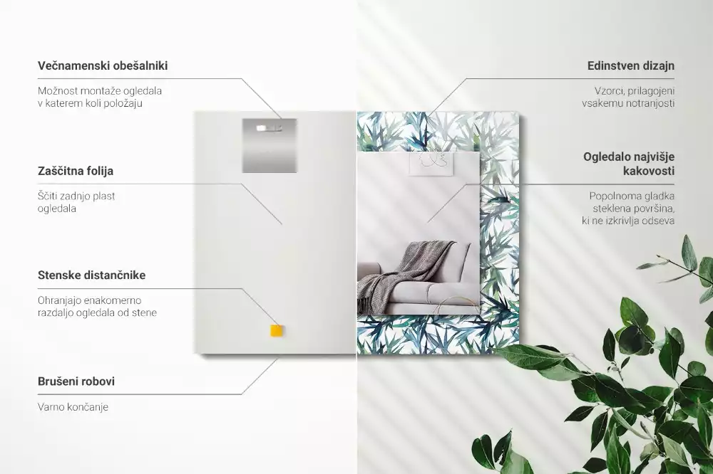 Lustro z nadrukiem prostokątne akwarelowe liście bambusowe