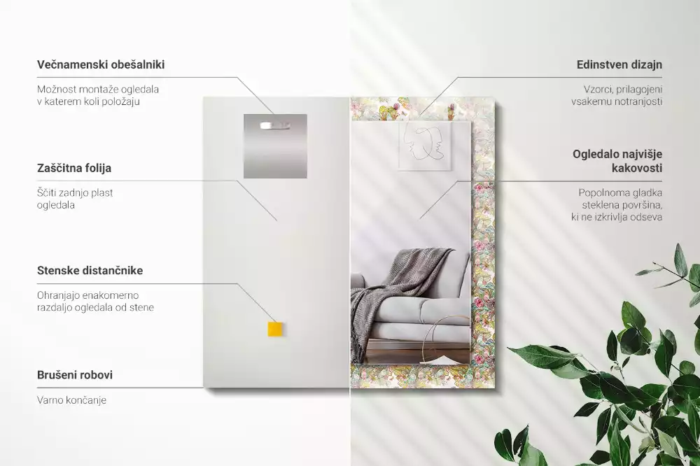 Lustro ramka z nadrukiem prostokątne barwne motyle i kwiaty