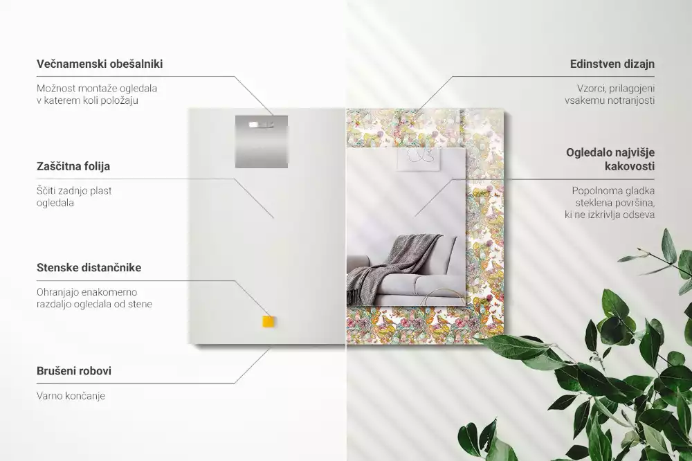 Lustro ramka z nadrukiem prostokątne barwne motyle i kwiaty