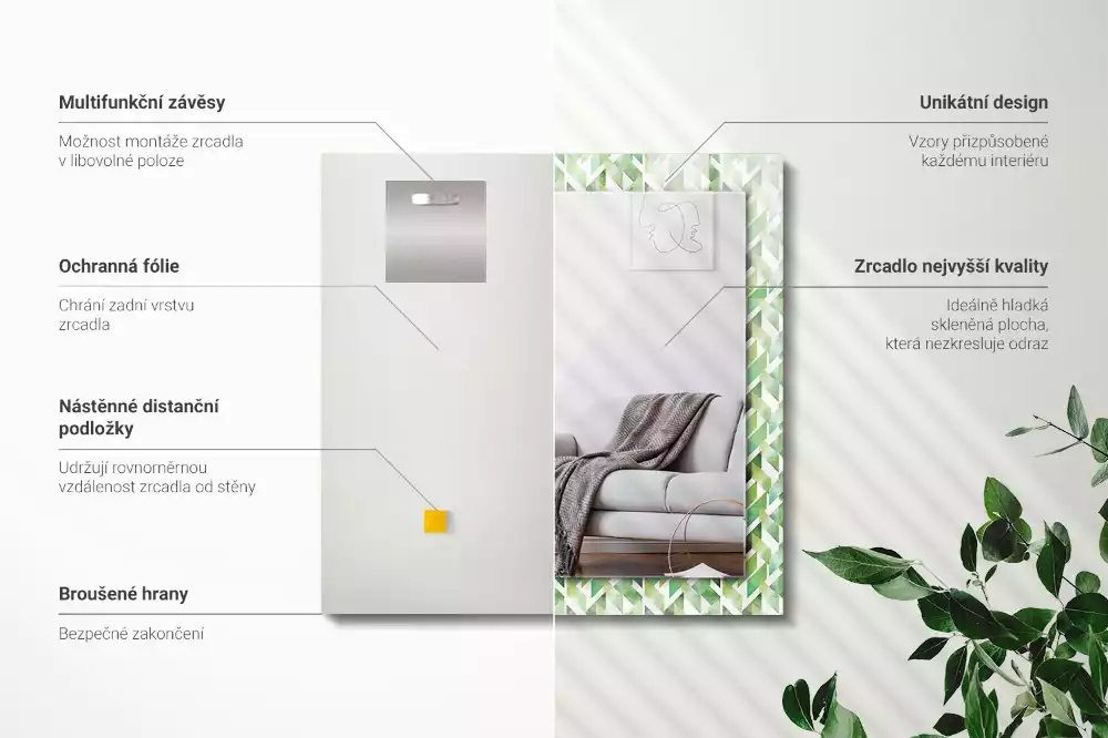 Lustro z nadrukiem prostokątne zielony deseń geometryczny
