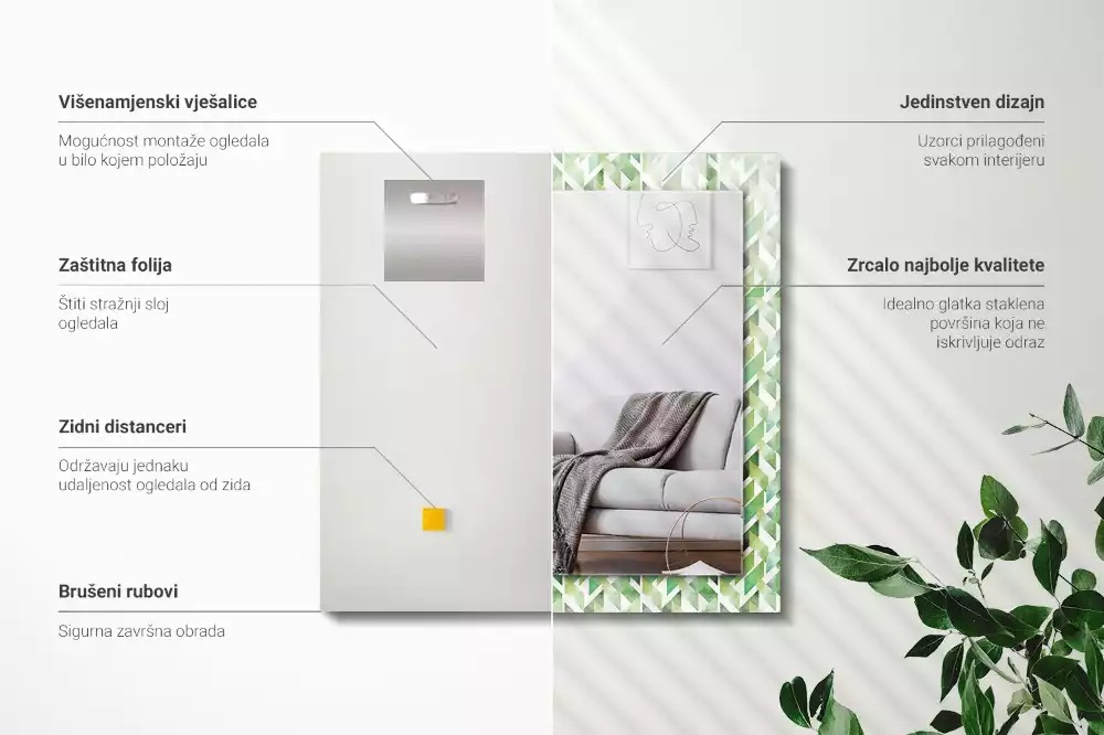 Lustro z nadrukiem prostokątne zielony deseń geometryczny
