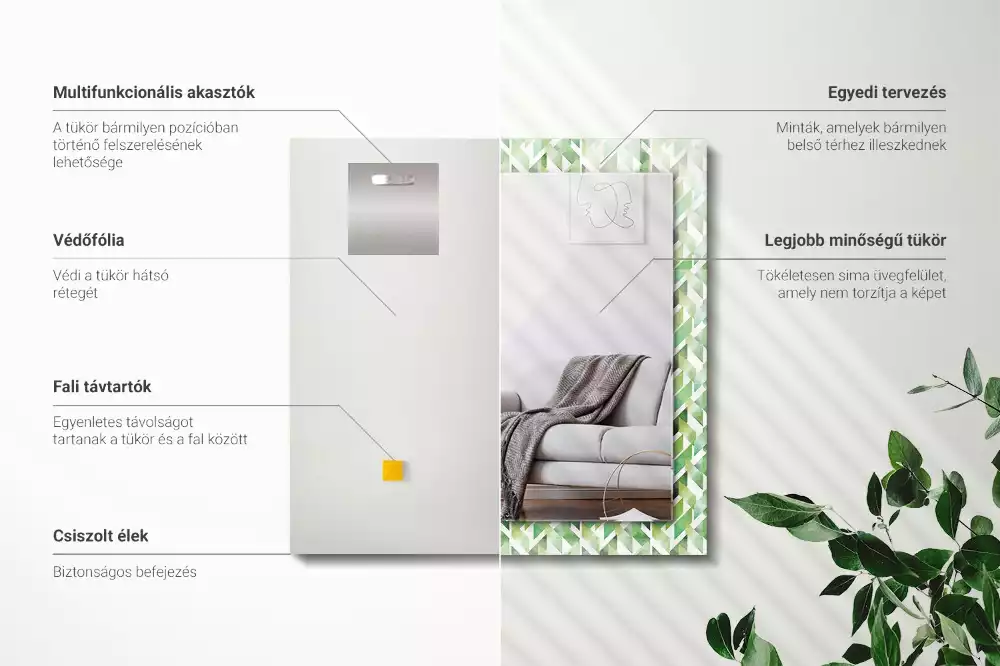 Lustro z nadrukiem prostokątne zielony deseń geometryczny