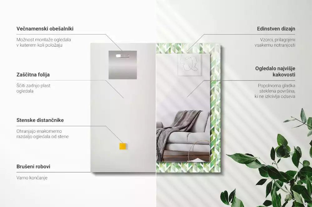 Lustro z nadrukiem prostokątne zielony deseń geometryczny