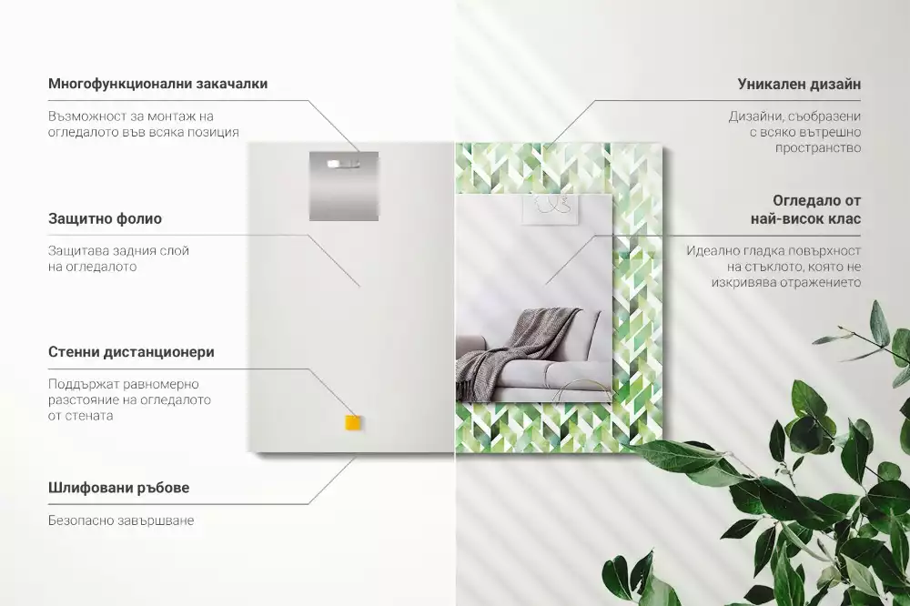 Lustro z nadrukiem prostokątne zielony deseń geometryczny