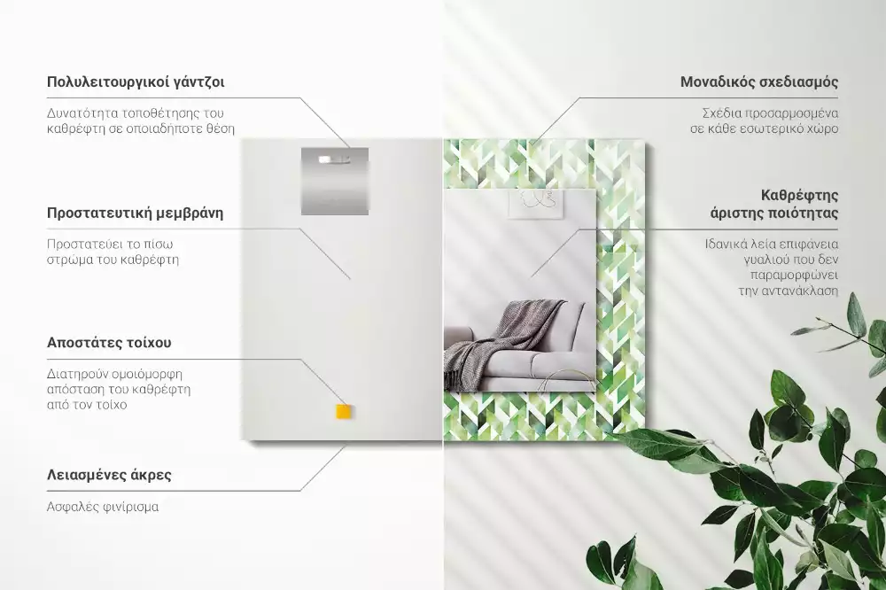 Lustro z nadrukiem prostokątne zielony deseń geometryczny