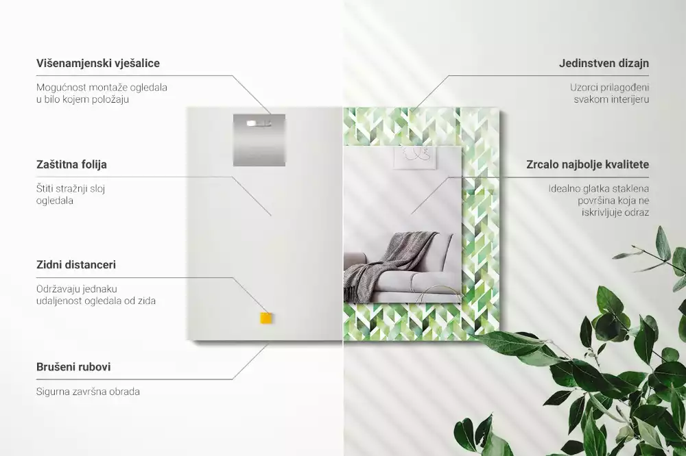 Lustro z nadrukiem prostokątne zielony deseń geometryczny