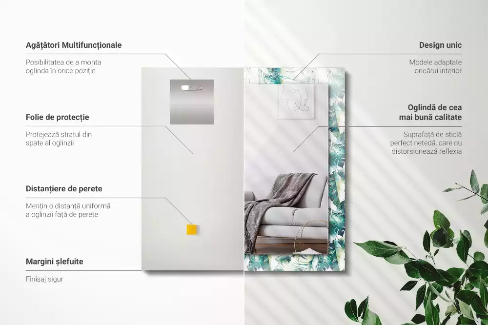 Lustro z nadrukiem prostokątne zielone liście egzotyczne