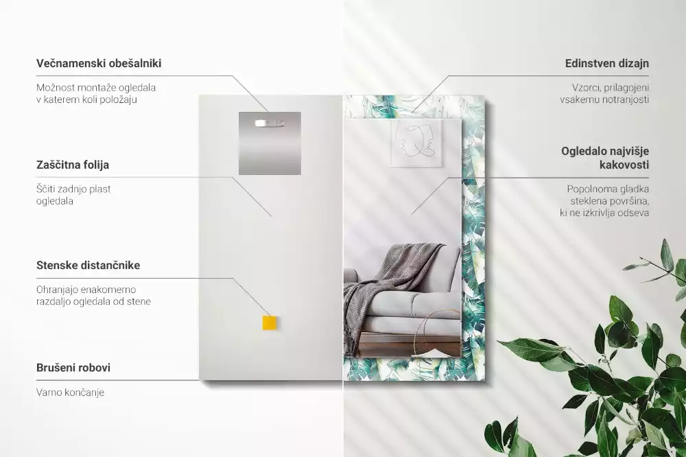 Lustro z nadrukiem prostokątne zielone liście egzotyczne