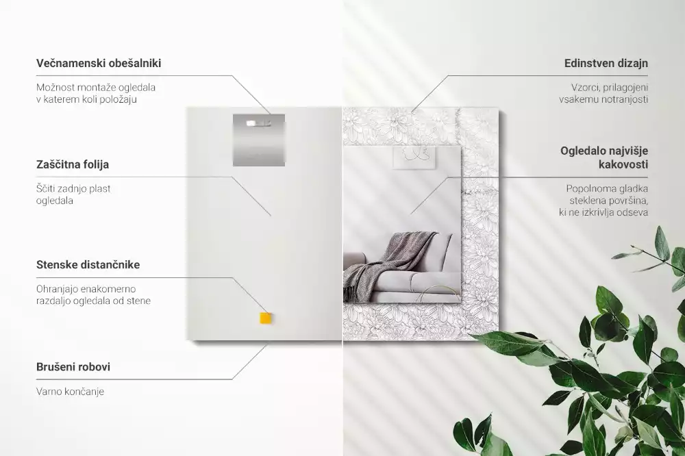 Lustro ramka z nadrukiem prostokątne monochromatyczny motyw kwiatowy