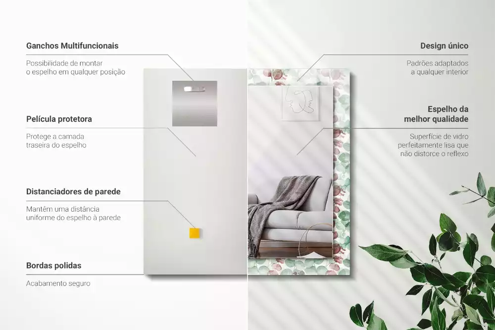 Lustro z nadrukiem prostokątne akwarelowe liście