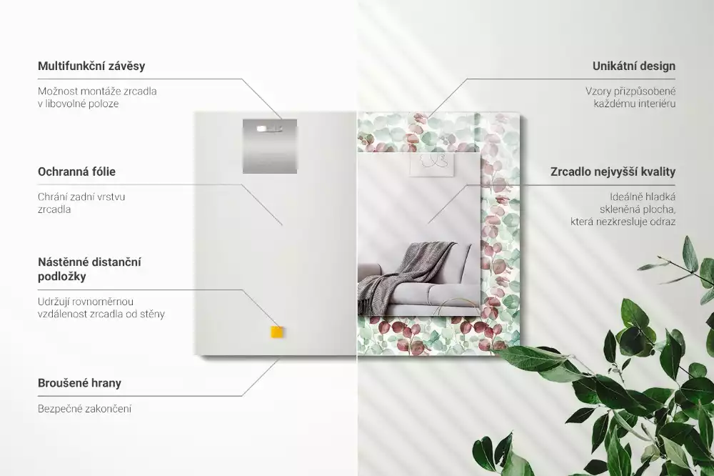 Lustro z nadrukiem prostokątne akwarelowe liście