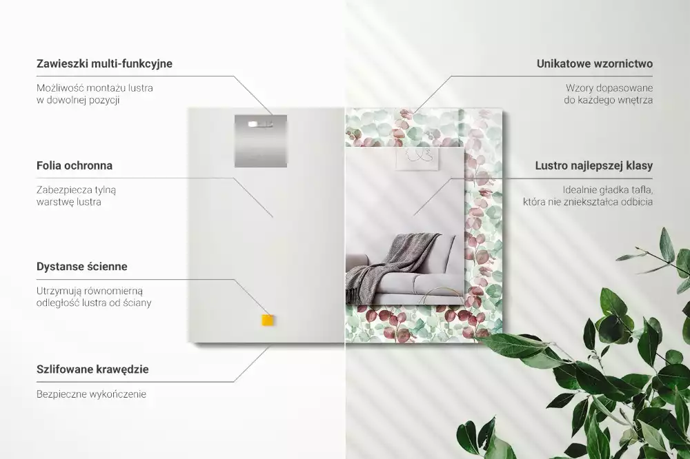 Lustro z nadrukiem prostokątne akwarelowe liście