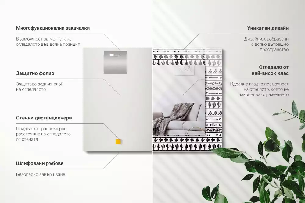 Lustro z nadrukiem dekoracyjne prostokątne kaktusy strzały i tipi
