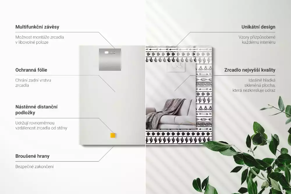 Lustro z nadrukiem dekoracyjne prostokątne kaktusy strzały i tipi