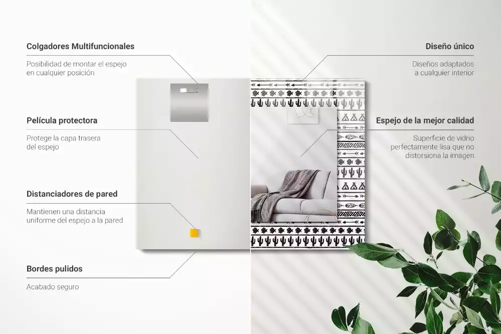 Lustro z nadrukiem dekoracyjne prostokątne kaktusy strzały i tipi