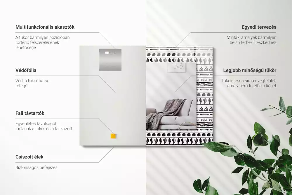 Lustro z nadrukiem dekoracyjne prostokątne kaktusy strzały i tipi