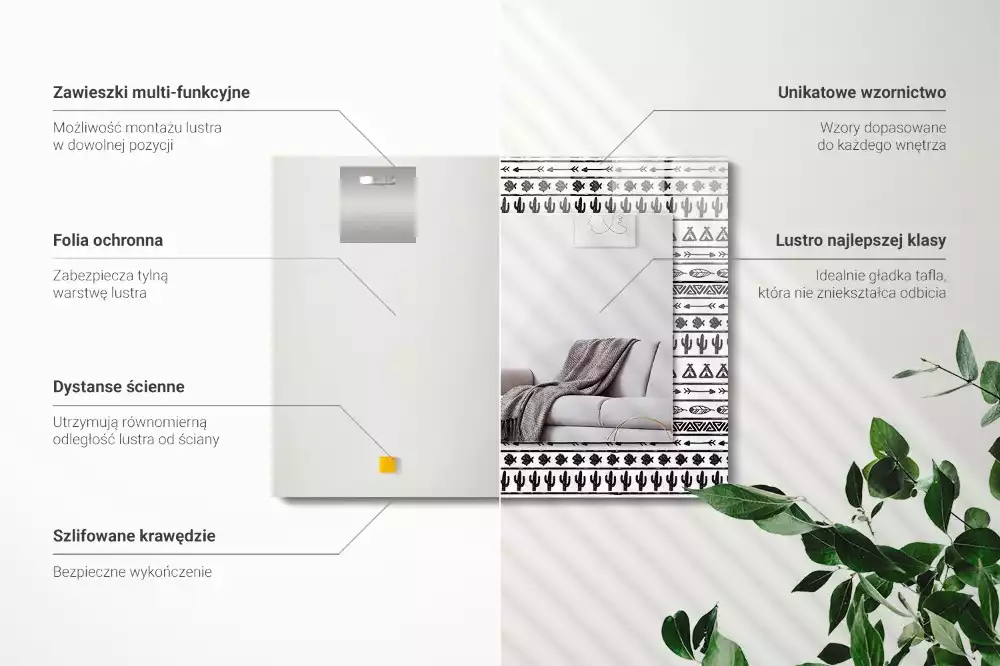 Lustro z nadrukiem dekoracyjne prostokątne kaktusy strzały i tipi