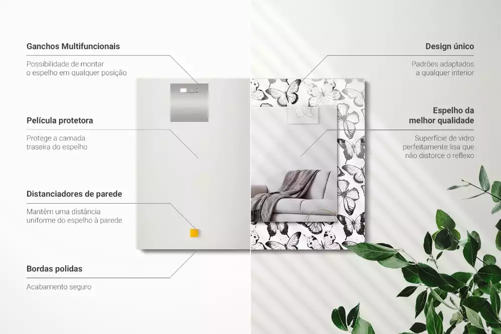 Lustro ramka z nadrukiem prostokątne czarno-białe motylki