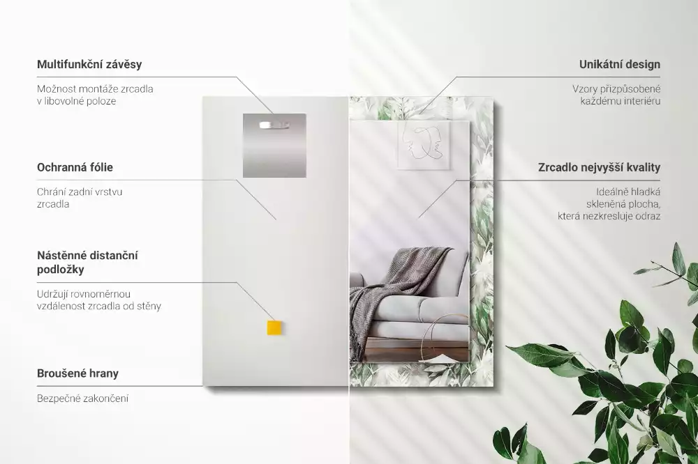 Lustro dekoracyjne prostokątne deseń w zielone liście